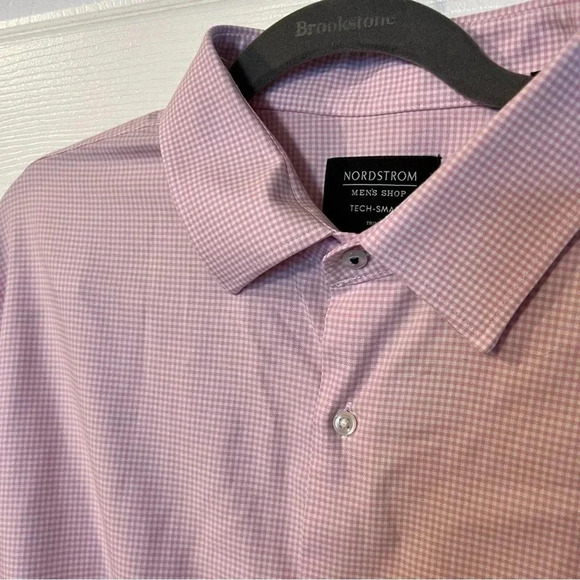 Nordstrom Mens Shop Tech Smart Trim Fit Button Down Pink Gingham Size 16 1/2 EUC - Picture 6 of 6